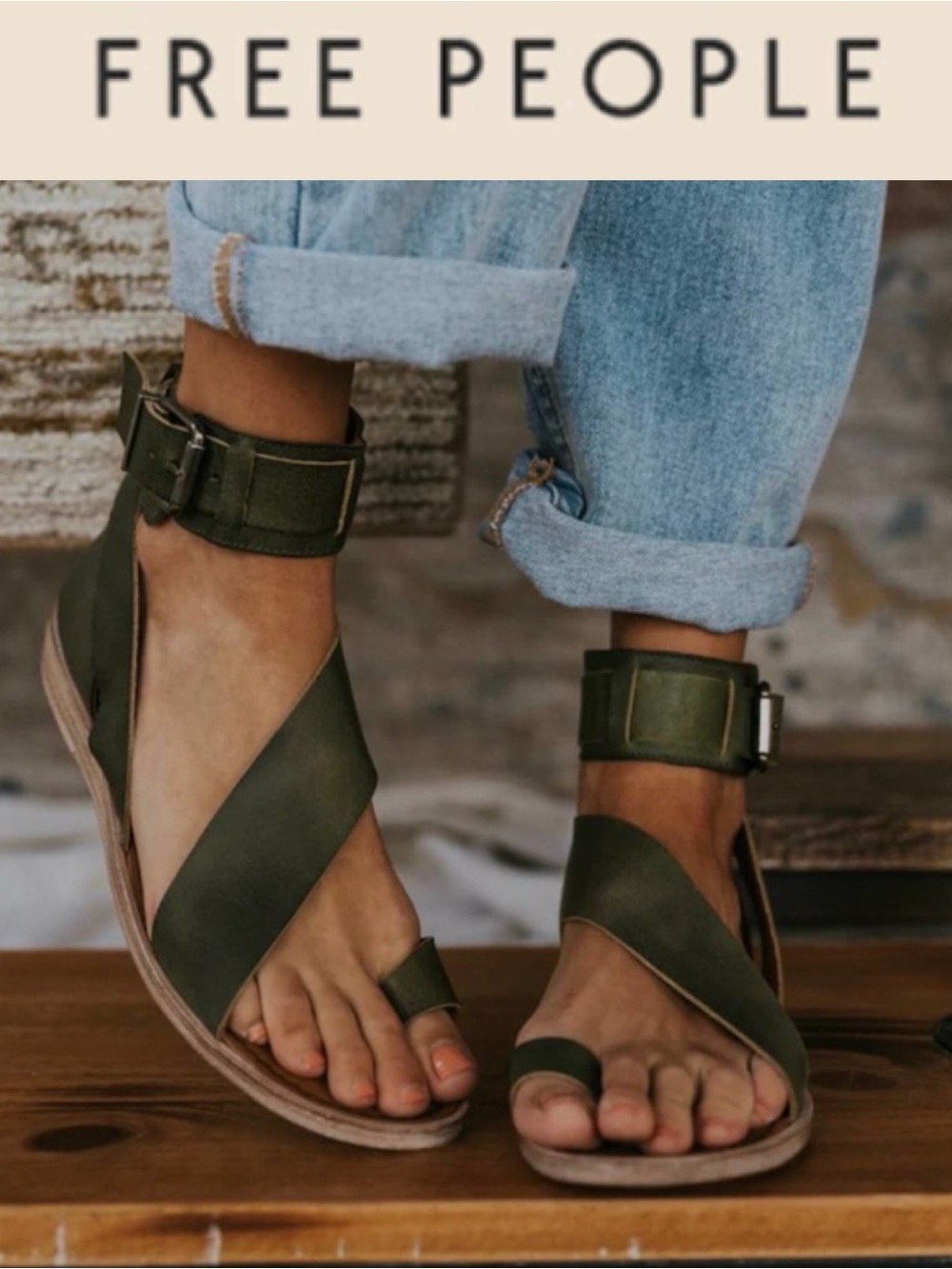 FREE PEOPLE VALE BOOT SANDAL KHAKI GREEN LEATHER TOE LOOP BUCKLE BOHO SIZE EU 40